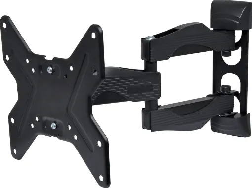 A compact articulated wall bracket for television screens up to 42” in size and 25kg in weight. Max distance from wall 342mm, folds flat to 52mm from wall surface. Provides 180° of adjustment and 15° of tilt. Mounting hole centres at 50mm, 75mm and 200mm square. 