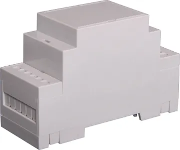 2 Module DIN Rail Enclosure Easy snap fit construction DIN rail enclosure in 2 module width. Suits DIN EN60715 35mm top hat rail. Constructed from grey UL94V-0 polycarbonate. Three PCB positions allow greater flexibility in circuit design. Matching snap-on terminal guard