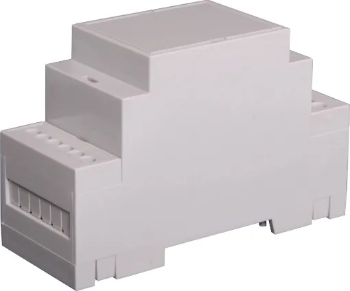 Easy snap fit construction DIN rail enclosure in 2 module width. Suits DIN EN60715 35mm top hat rail. Constructed from grey UL94V-0 polycarbonate. Three PCB positions allow greater flexibility in circuit design. Matching snap-on terminal guard