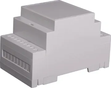 3 Module DIN Rail Enclosure Easy snap fit construction DIN rail enclosure in 3 module width. Suits DIN EN60715 35mm top hat rail. Constructed from grey UL94V-0 polycarbonate. Three PCB positions allow greater flexibility in circuit design. Matching snap-on terminal guard