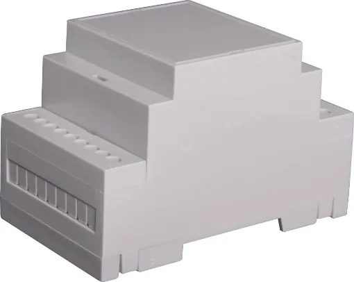 Easy snap fit construction DIN rail enclosure in 3 module width. Suits DIN EN60715 35mm top hat rail. Constructed from grey UL94V-0 polycarbonate. Three PCB positions allow greater flexibility in circuit design. Matching snap-on terminal guard