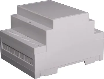 4 Module DIN Rail Enclosure Easy snap fit construction DIN rail enclosure in 3 module width. Suits DIN EN60715 35mm top hat rail. Constructed from grey UL94V-0 polycarbonate. Three PCB positions allow greater flexibility in circuit design. Matching snap-on terminal guard