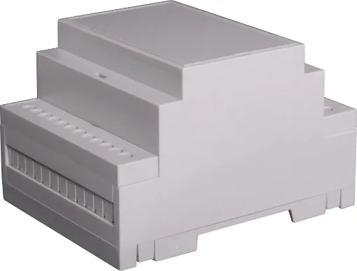 Easy snap fit construction DIN rail enclosure in 3 module width. Suits DIN EN60715 35mm top hat rail. Constructed from grey UL94V-0 polycarbonate. Three PCB positions allow greater flexibility in circuit design. Matching snap-on terminal guard