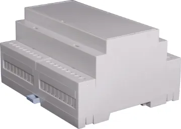 6 Module DIN Rail Enclosure Easy snap fit construction DIN rail enclosure in 6 module width. Suits DIN EN60715 35mm top hat rail. Constructed from grey UL94V-0 polycarbonate. Three PCB positions allow greater flexibility in circuit design. Matching snap-on terminal guard