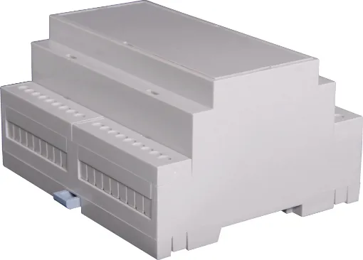 Easy snap fit construction DIN rail enclosure in 6 module width. Suits DIN EN60715 35mm top hat rail. Constructed from grey UL94V-0 polycarbonate. Three PCB positions allow greater flexibility in circuit design. Matching snap-on terminal guard
