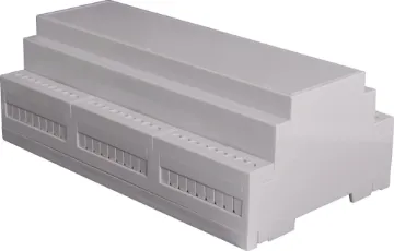 9 Module DIN Rail Enclosure Easy snap fit construction DIN rail enclosure in 6 module width. Suits DIN EN60715 35mm top hat rail. Constructed from grey UL94V-0 polycarbonate. Three PCB positions allow greater flexibility in circuit design. Matching snap-on terminal guard