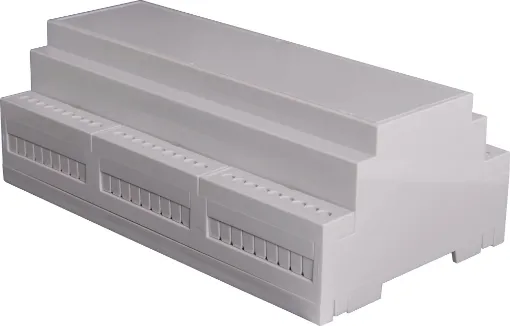 Easy snap fit construction DIN rail enclosure in 6 module width. Suits DIN EN60715 35mm top hat rail. Constructed from grey UL94V-0 polycarbonate. Three PCB positions allow greater flexibility in circuit design. Matching snap-on terminal guard