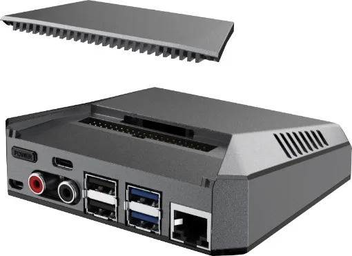 Turns your Pi into a high resolution network music player for MP3, FLAC, ALAC, WAV, AAC, FLAC, DSD, Audio CD and many more file types. On-board DAC for very high quality audio output. The ideal home music server for the audiophile!  All aluminium case provides excellent cooling for your Pi 4. 