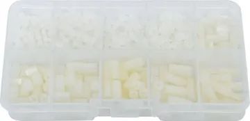 M2.5 Nylon Screw & Stand Off Set A handy collection of nylon hardware in M2.5 size. A commonly requested size for mounting development boards. Includes 120 hex nuts, 200 screws (4, 6, 10mm), 70 female-female standoffs (6, 8, 10, 12mm), 30 male-female standoffs (6, 12mm).