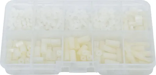 A handy collection of nylon hardware in M2.5 size. A commonly requested size for mounting development boards. Includes 120 hex nuts, 200 screws (4, 6, 10mm), 70 female-female standoffs (6, 8, 10, 12mm), 30 male-female standoffs (6, 12mm).