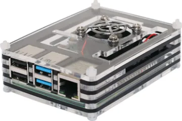 Acrylic Raspberry Pi 4 Case with Cooling Fan This compact multi-layer acrylic case suits the Raspberry Pi Model B 4 and provides access to all ports on the board. To keep your Pi cool, a 5V fan with header connection is provided, plus grill cover.
