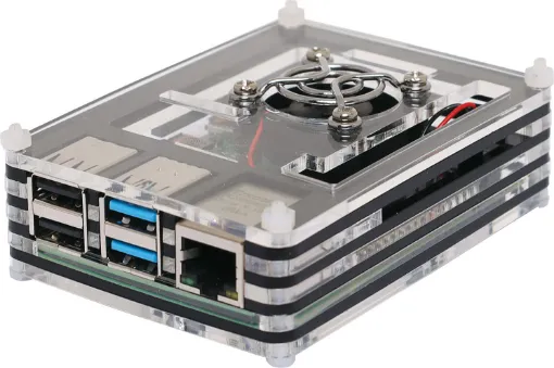 This compact multi-layer acrylic case suits the Raspberry Pi Model B 4 and provides access to all ports on the board. To keep your Pi cool, a 5V fan with header connection is provided, plus grill cover. 