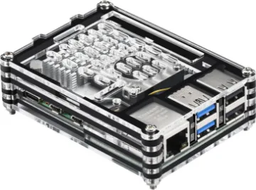 Acrylic Raspberry Pi 5 Case with Cooling Fan This compact multi-layer acrylic case suits the Raspberry Pi 5 and provides access to all ports on the board.  Includes cooling fan module with heatsink.