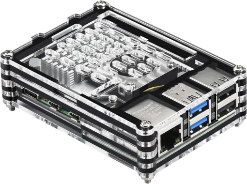 This compact multi-layer acrylic case suits the Raspberry Pi 5 and provides access to all ports on the board.  Includes cooling fan module with heatsink.