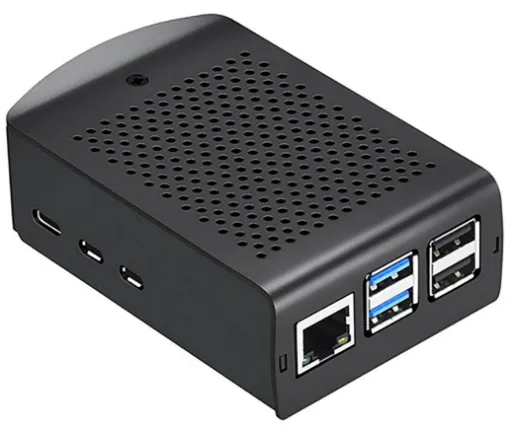 An all metal Raspberry Pi 5 case with internal cooling fan and heatsinks. 