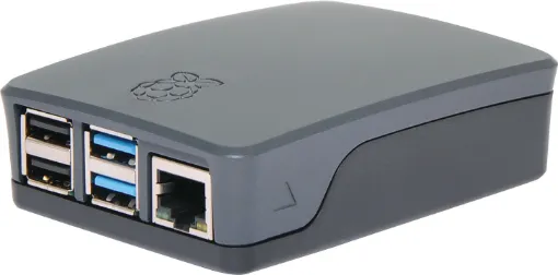 A compact, snap together black and grey case to suit the Raspberry Pi 4 Model B development board. Designed with all connection recesses and venting. 
