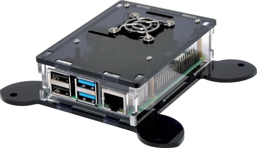 Allows mounting of your Pi to the rear of a monitor using standard 100mm spacing VESA bolt holes. Made from laser cut acrylic plastic. Internal fan for added cooling. 