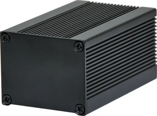 Extruded single piece aluminium cases. Flat aluminium end plates can be milled, screened and customised to suit your requirements. Finned extrusion adds thermal dissipation for heat sinked applications. 