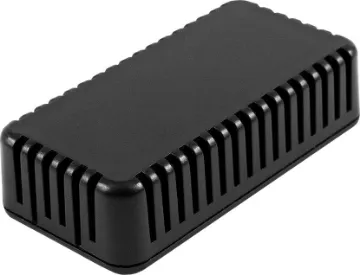 1551V2BK Black Plastic Vented Enclosure 80 x 40 x 20mm This enclosure has a vented design which protects electronics from harmful contact  with hands or tools, but allows entry of air and moisture for applications which require environmental exposure (ex: sensors).
It's ideally suited for mounting of printed circuit boards.