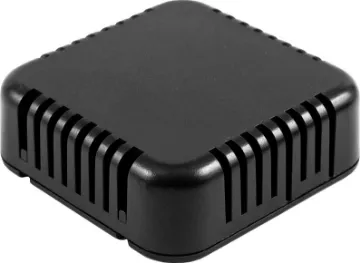 1551V2BK Black Plastic Vented Enclosure 60 x 60 x 20mm This enclosure has a vented design which protects electronics from harmful contact  with hands or tools, but allows entry of air and moisture for applications which require environmental exposure (ex: sensors).
It's ideally suited for mounting of printed circuit boards.
