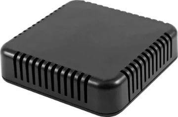 1551V4BK  Black Plastic Vented Enclosure 80 x 80 x 20mm This enclosure has a vented design which protects electronics from harmful contact  with hands or tools, but allows entry of air and moisture for applications which require environmental exposure (ex: sensors). It's ideally suited for mounting of printed circuit boards.