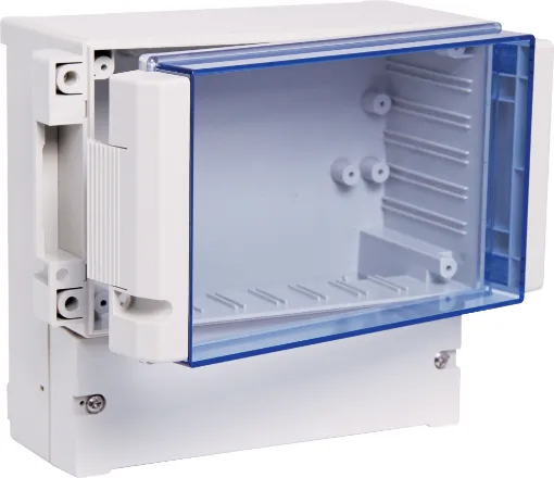 This weatherproof utility box designed to house industrial control circuitry, pool pump & reticulation controllers. It features a translucent, blue tinted, front window which can be fitted with a hinge for easy access (parts included).