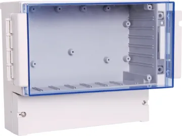 IP65 Industrial Control Box 213W x 104W x 185H This weatherproof utility box designed to house industrial control circuitry, pool pump & reticulation controllers. It features a translucent, blue tinted, front window which can be fitted with a hinge for easy access (parts included).