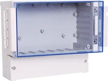 IP65 Industrial Control Box 256W x 132W x 217H This weatherproof utility box designed to house industrial control circuitry, pool pump & reticulation controllers. It features a translucent, blue tinted, front window which can be fitted with a hinge for easy access (parts included).
