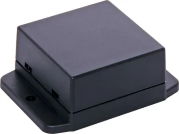 50Lx50Wx27Hmm ABS Snap Together Flange Mount Box A wide selection of flanged boxes with snap fit lids which allow access to internal circuitry without unscrewing the flange screws. Great for small circuits, control boxes, relays and industrial controls.  Base fitted with four PCB posts, lid has four cable entry mouldings which may be knocked out. All dimensions ±0.5mm & exclude flanges