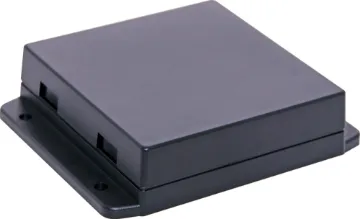 80Lx80.5Wx23.5Hmm ABS Snap Together Flange Mount Box A wide selection of flanged boxes with snap fit lids which allow access to internal circuitry without unscrewing the flange screws. Great for small circuits, control boxes, relays and industrial controls.  Base fitted with four PCB posts, lid has four cable entry mouldings which may be knocked out. All dimensions ±0.5mm & exclude flanges