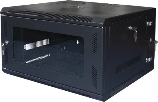 A 6RU hinged data cabinet which allows easy rear panel connection access. Each package includes a rack frame, tempered glass front door, two side panels, top and bottom panel. Sides, rear, front and hinge are lockable.