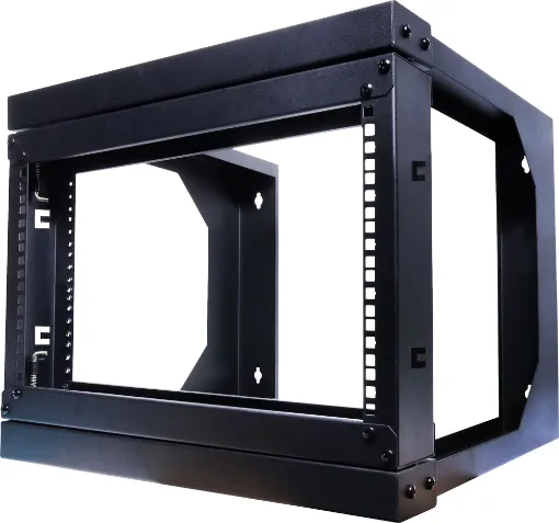 An open frame hinged wall mount 6RU 19” rack system designed for wall mounting equipment up to 420mm deep. Ideal for combinations of patch panels, security and audio equipment. 