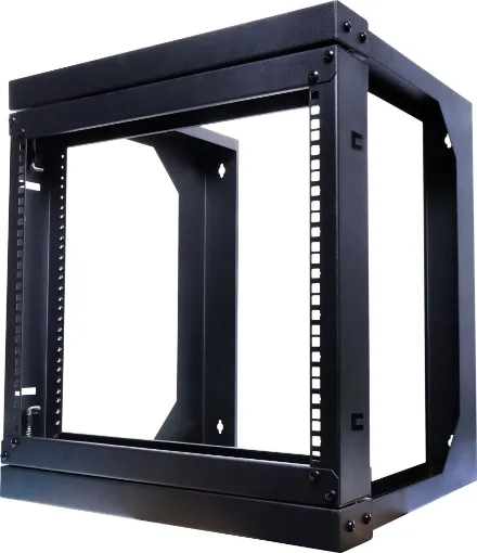 An open frame hinged wall mount 9RU 19” rack system designed for wall mounting equipment up to 420mm deep. Ideal for combinations of patch panels, security and audio equipment.