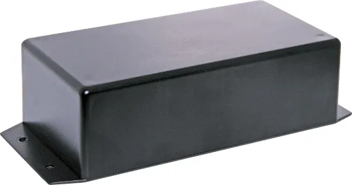 Flanged versions of our popular jiffy boxes allowing wall or chassis mounting. 
UB3 size 130Lx67Wx43Hmm, black.