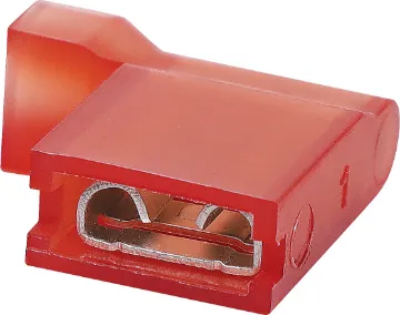 Red 6.3mm Female Right Angle Spade Crimp Pk 100  female Crimp Terminal made of brass with tin-plated finish. It comes with a red nylon insulator. It accepts 16 to 14AWG wire.
