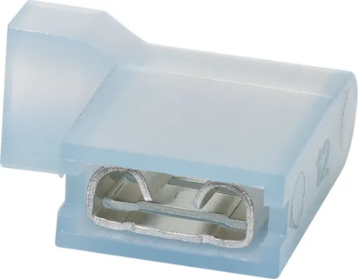  female Crimp Terminal made of brass with tin-plated finish. It comes with a blue nylon insulator. It accepts 16 to 14AWG wire.