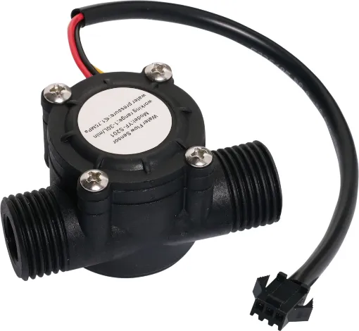 The YF-S201 Hall Effect Water Flow Meter Sensor comes with three wires: red (5-24VDC power), black (ground) and yellow (Hall effect pulse output).