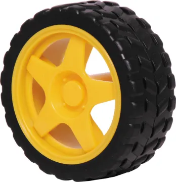 Plastic Wheel With Rubber Tyre For 5mm Shaft (J 0016) A plastic wheel with rubber tyre for robotics projects. 
Suits motors with double flat 5mm shaft (such as J 0016).
65Ø x 26Wmm.