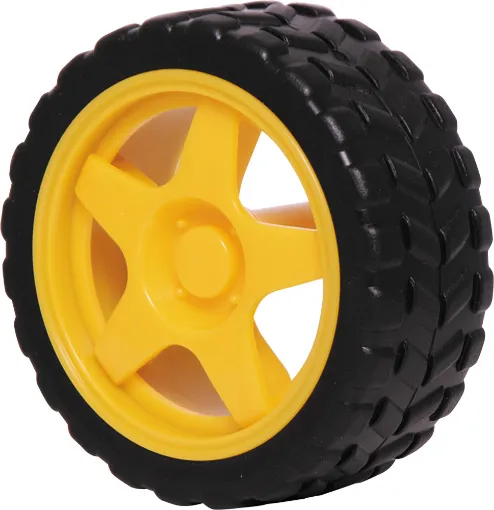 A plastic wheel with rubber tyre for robotics projects. 
Suits motors with double flat 5mm shaft (such as J 0016).
65&Oslash x 26Wmm.