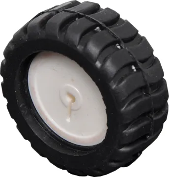 White Plastic Wheel Rubber Tyre For Micro N20 Motors A white plastic wheel with rubber tyre for robotics projects. 
Suits micro N20 geared motors with 3Ø x 10Lmm shaft (such as J 0051/54).