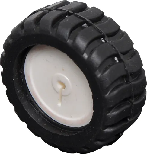 A white plastic wheel with rubber tyre for robotics projects. 
Suits micro N20 geared motors with 3&Oslash x 10Lmm shaft (such as J 0051/54).
