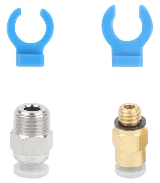 3D Printer Pneumatic Bowden Tube Connectors Replacement pneumatic connectors to suit Creality Ender 3. Includes extruder and hot end threaded fittings and tube clips.
