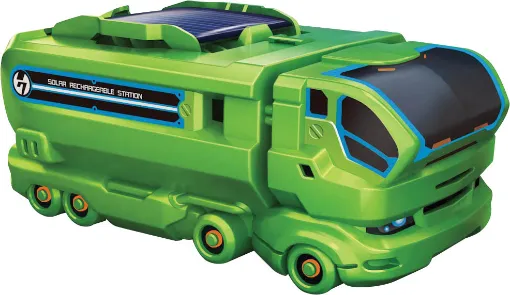 An innovative solar kit that can be assembled into a motorised toy, plus a transforming solar powered recharging station. No glue or soldering required.  Provides hours of fun playing and transforming vehicles into different configurations. Build a concep