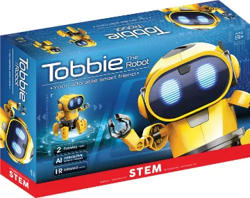Tobbie the Robot Kit This kit contains the parts to build your new smart friend. Tobbie is an intelligent six legged robot which provides great interaction with children. The little robot offers wonderful lights and sound effects.