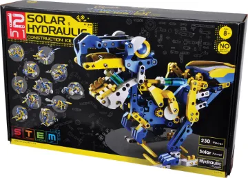12-in-1 Solar Hydraulic Construction Kit Build this kit into not one but 12 different projects. Includes detailed instructions to assemble all the included parts which can then be rearranged into a many different forms.