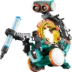 This unique robot features a centralised coding ring which accepts differently shaped coding parts which tell the robot which direction to move and when to perform an assigned action. 