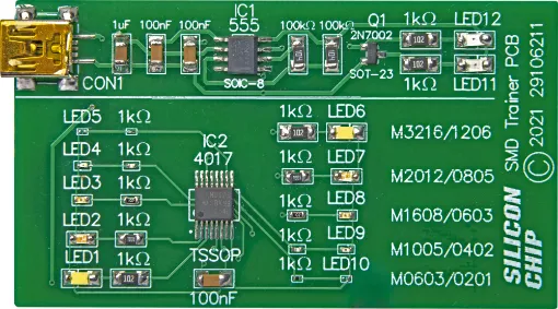 This simple SMD Trainer project is a great way to practice soldering a variety of surface-mount devices.