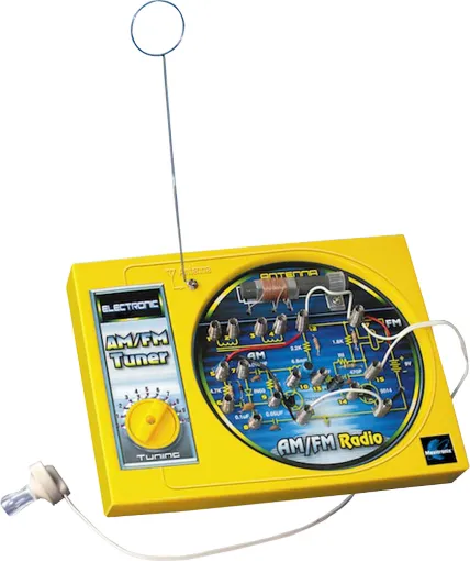 Build and learn with your own working AM-FM radio. Tunes into your favourite AM-FM radio stations. Receives band from 520-1650 KHz (AM) & 88-108 MHz (FM). Learn how radios work. Earphone included. 