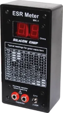 ESR Meter Kit (SC April '04) Allows quick "in-circuit" detection of defective electrolytic capacitors.  0.01-99Ω autoranging. Includes case & fully screened & punched front panel.