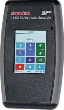Touchscreen Digital Audio Recording Kit (SC Jun-July 2014)  Record CD quality sound directly to an SD card with this touchscreen recorder. It offers hours of recording and playback time from an internal rechargeable Li-Ion AA battery and may be recharged via USB.  A stereo line input and mono mic input are provided via 3.5mm jacks, plus an internal microphone for instant handheld r